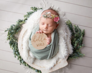 Photo of a newborn sitting in a basket and holding a little wooden medallion with the words Hello World.