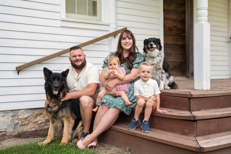 Family Portrait with pet dogs outdoors at Beckman Mills in Beloit.