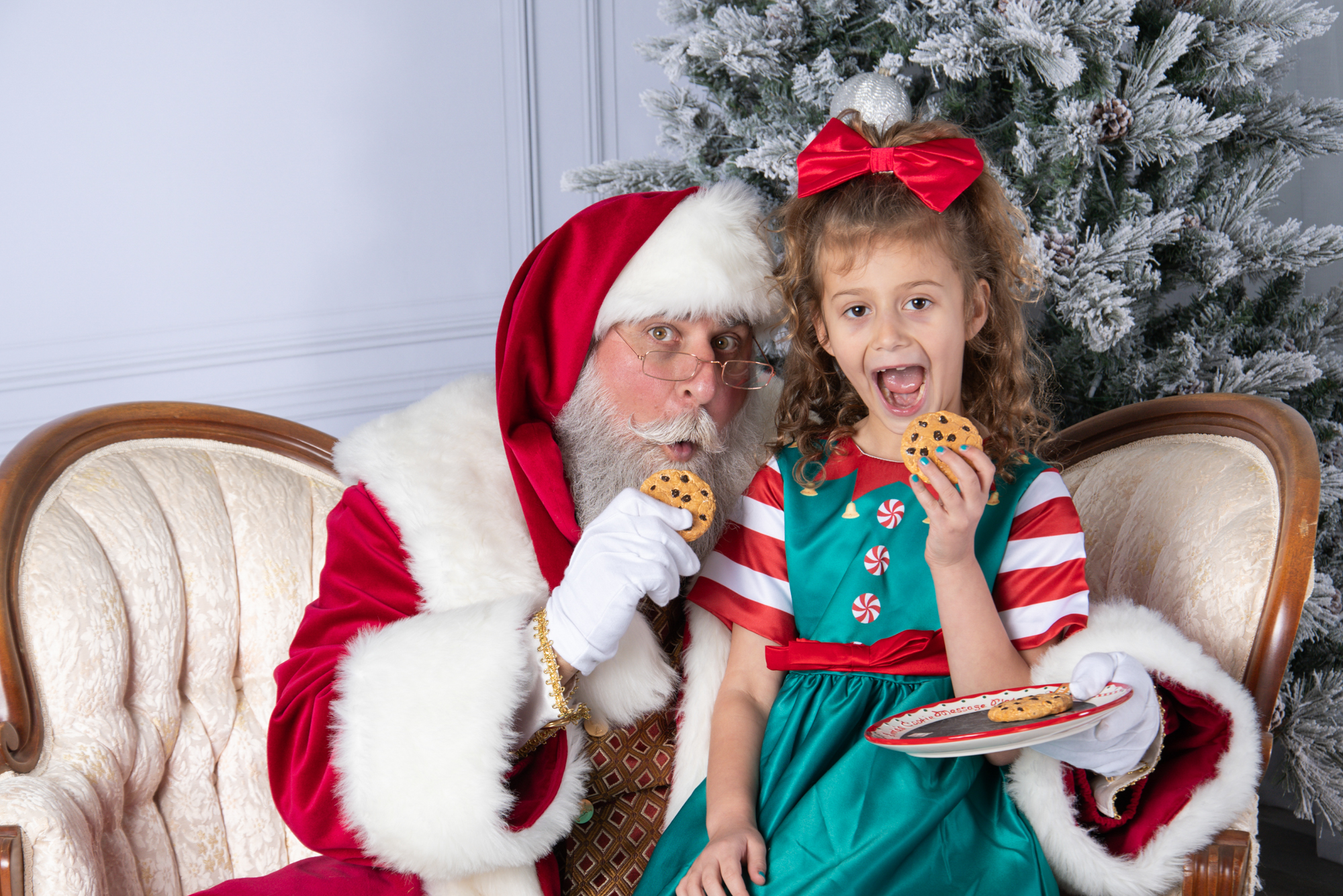 Santa photo with a cute girl wearing an elf costume eating a cookie.